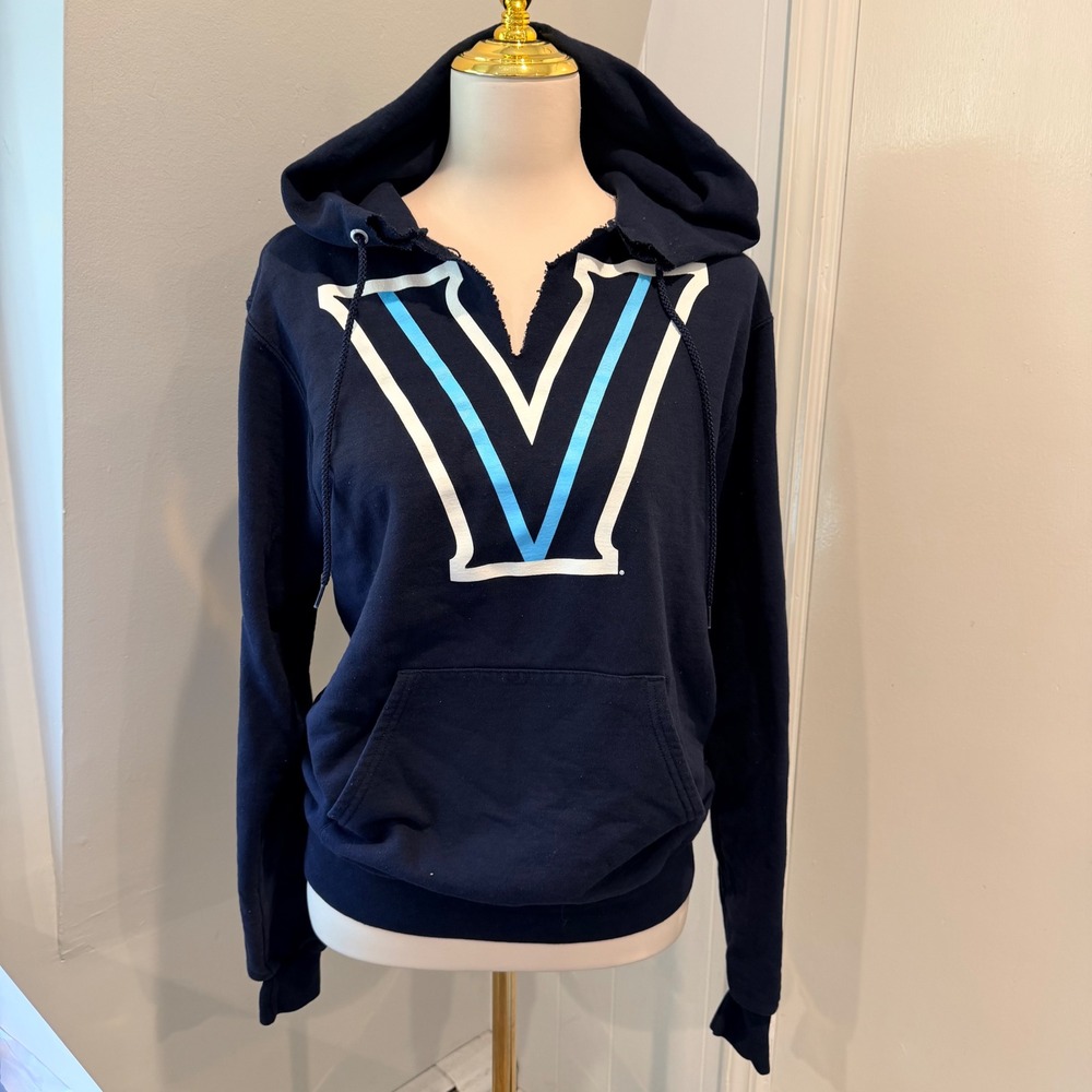 Champion Navy Villanova Wildcats Distressed Neckline Hoodie Sweatshirt | Size S